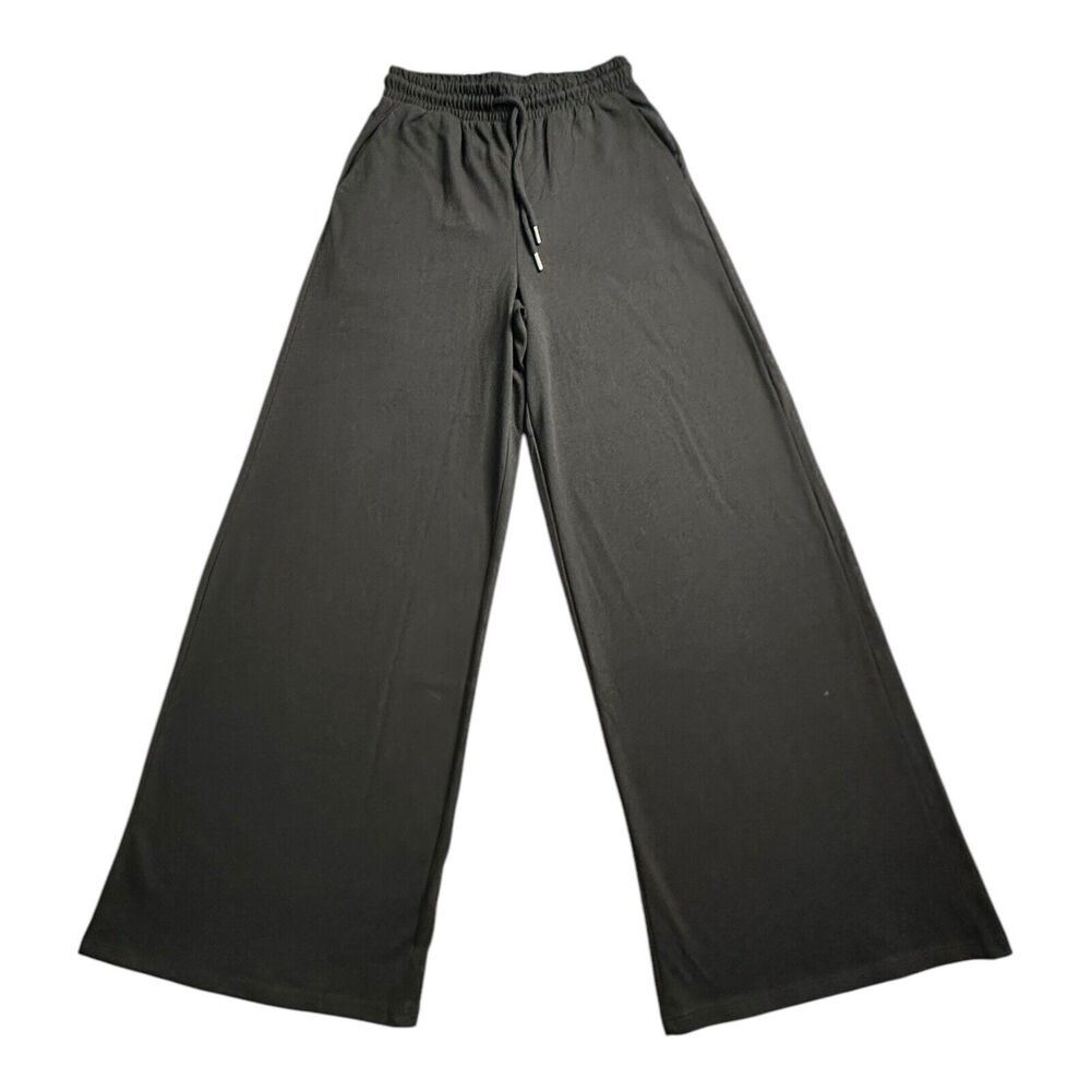 ZARA Wide Leg Pants Size Small Black Brown Elastic Waist‎ Pull On Drawstring